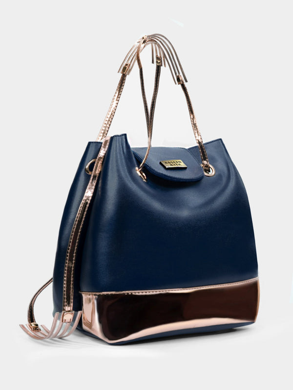 Blue & Rosegold Drawstring Bucket Bag | Modern Myth