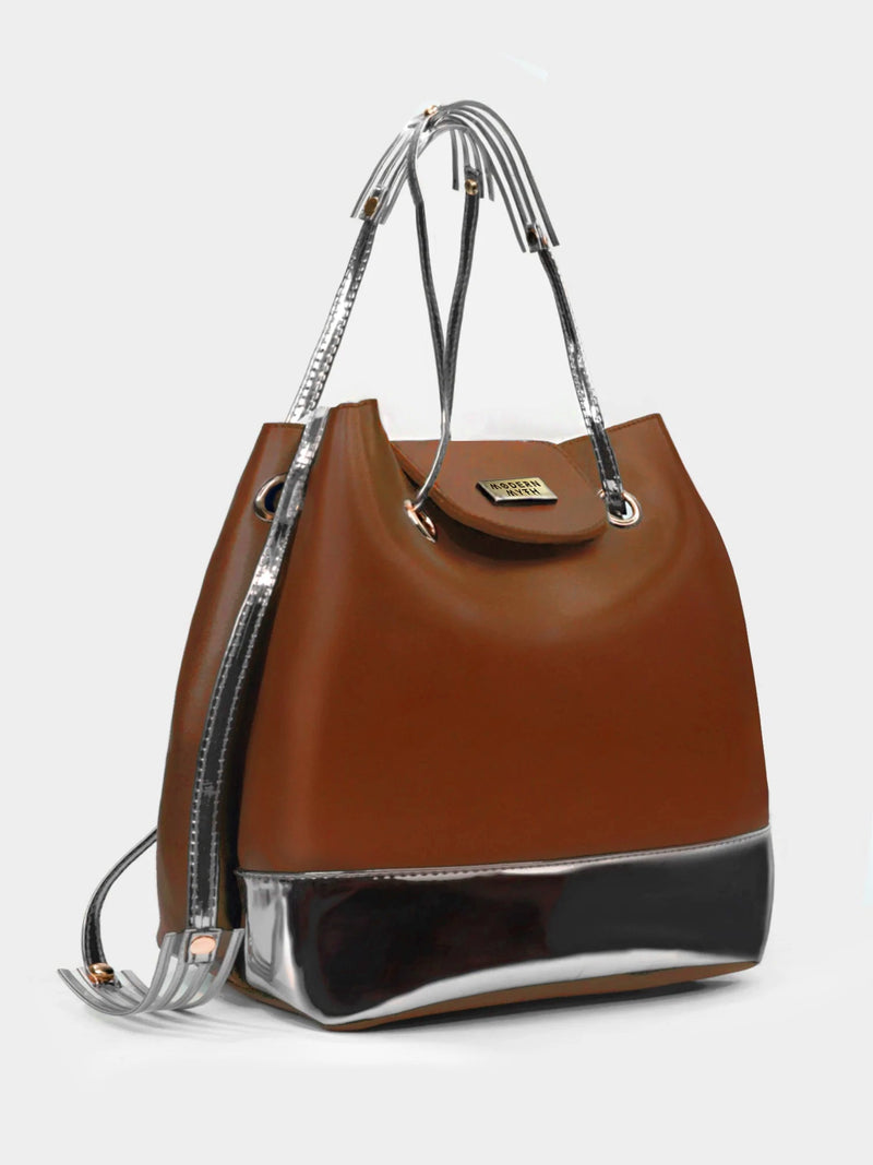 Tan & Silver Drawstring Bucket Bag | Modern Myth