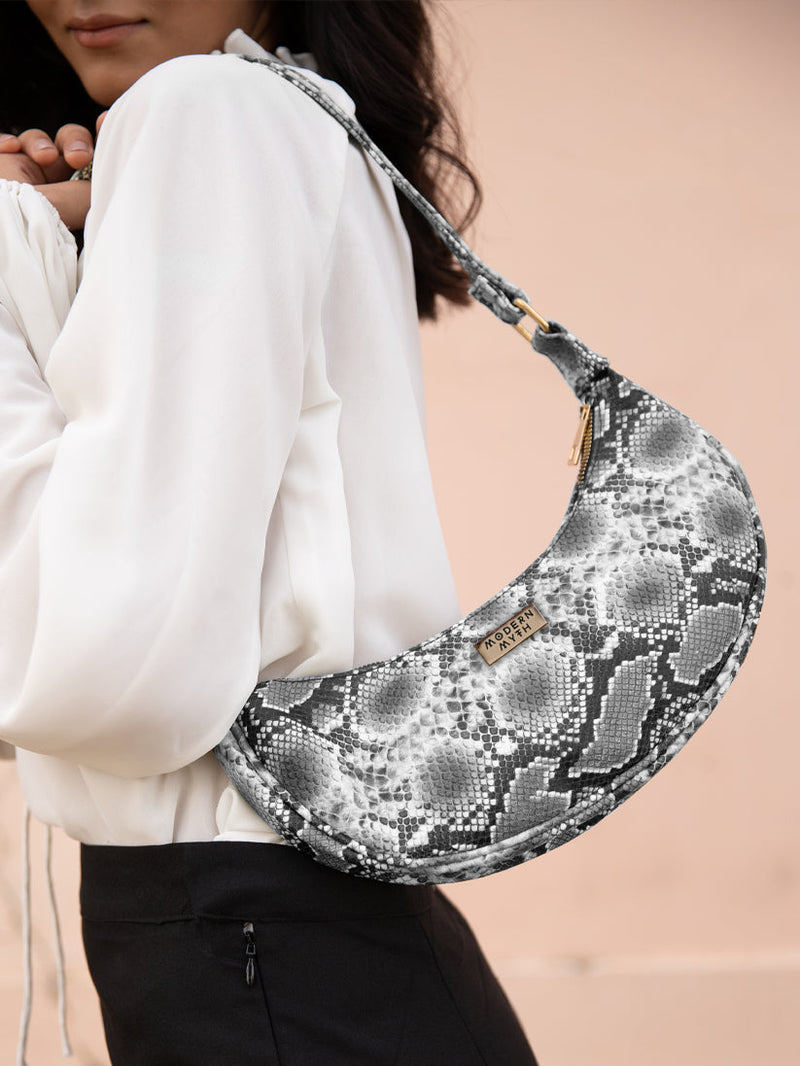 Grey Snake Print Half Moon Baguette Shoulder Bag | Modern Myth