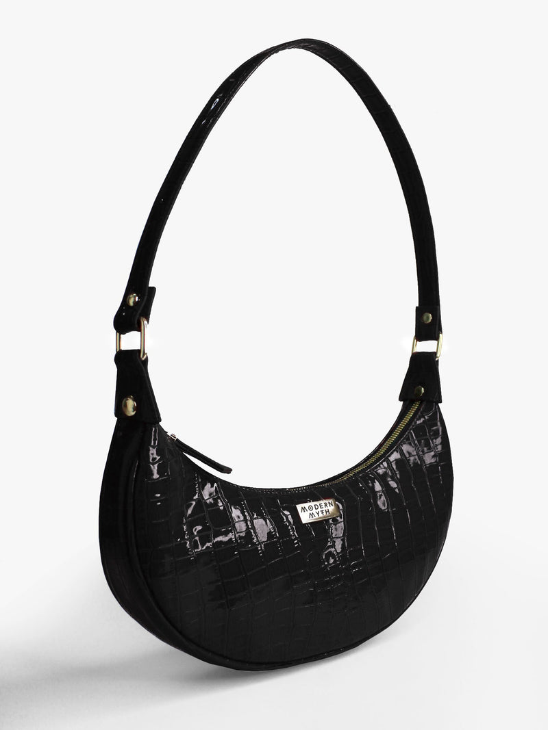 Black Croco Half Moon Baguette Shoulder Bag | Modern Myth
