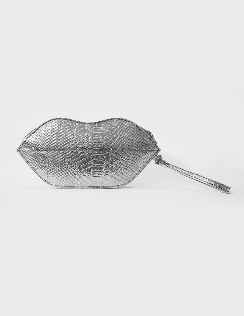 Textured Silver Lips Shaped Metallic Makeup Pouch | Modern Myth