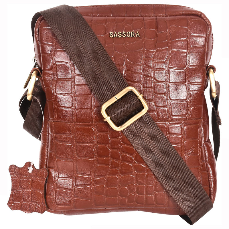 Sassora Genuine Leather Unisex Cognac Color Small Sling Bag with Brass Antique Metal Fittings Crossbody Bag