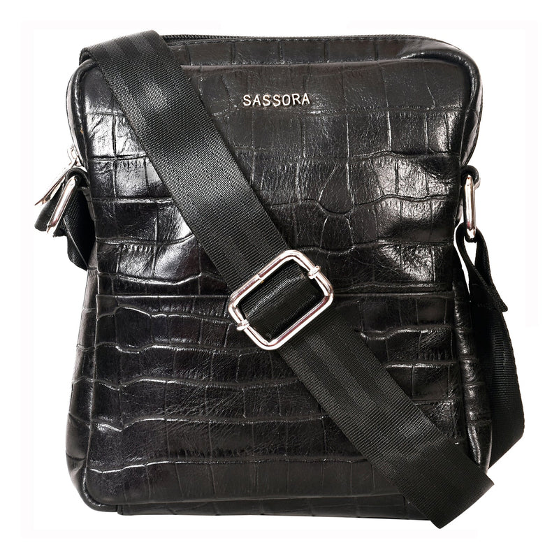 Sassora Genuine Leather Unisex Cognac Color Small Sling Bag with Brass Antique Metal Fittings Crossbody Bag