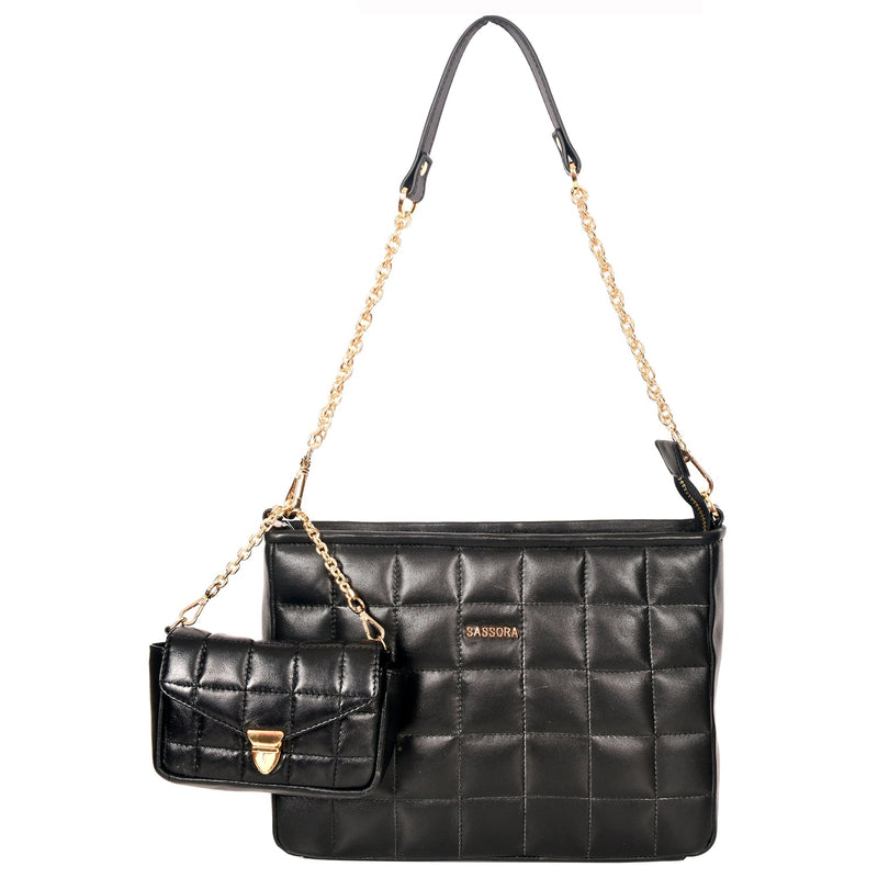 Sassora Genuine Leather Black Quilted Designed Shoulder Bag with Gold Polish Metal fittings and dust protection bag