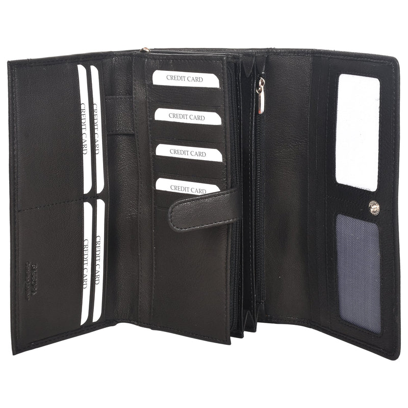 Sassora Genuine Leather Girls RFID Protected Black Travel Wallet (12 Card Slots)