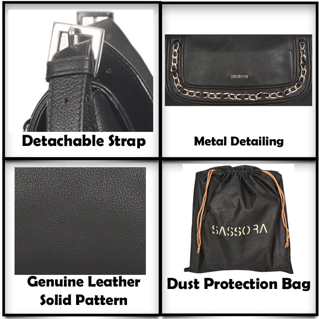 Sassora Genuine Leather Black Shoulder Bag with Nickel Metal fittings and dust protection bag