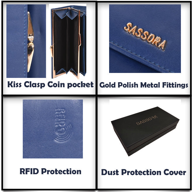 Sassora Genuine Leather Medium Blue RFID Women Purse