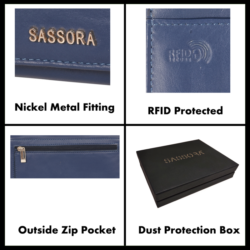 Sassora Genuine Leather Medium Blue RFID Women Travel Wallet