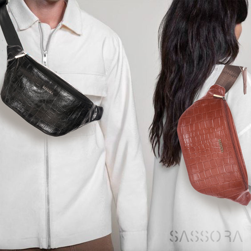 Sassora Genuine Premium Leather Unisex Black Beltbag with Adjustable Strap WB62913 Waist Bag