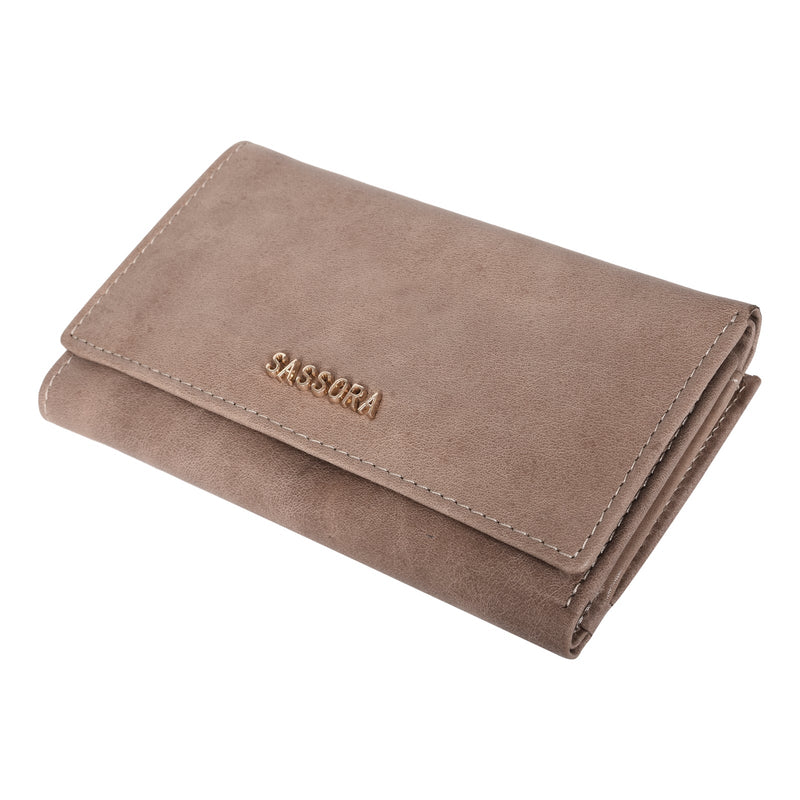 Sassora Genuine Leather Medium Size Beige RFID Protected Women Wallet (12 Card Slots)