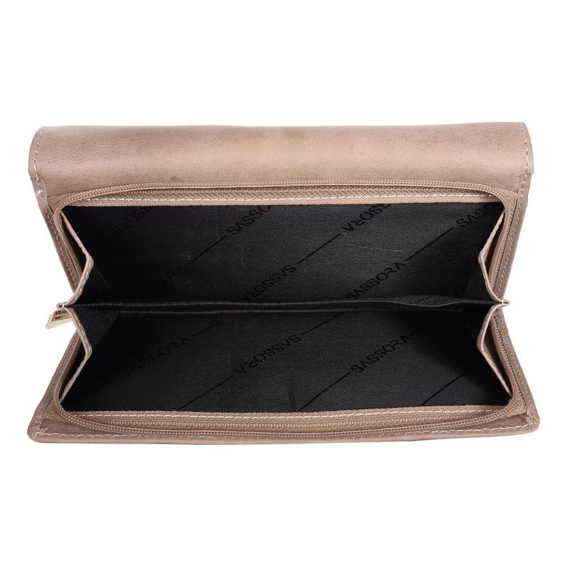 Sassora Leather Beige RFID Women Purse (10 Card Slots)